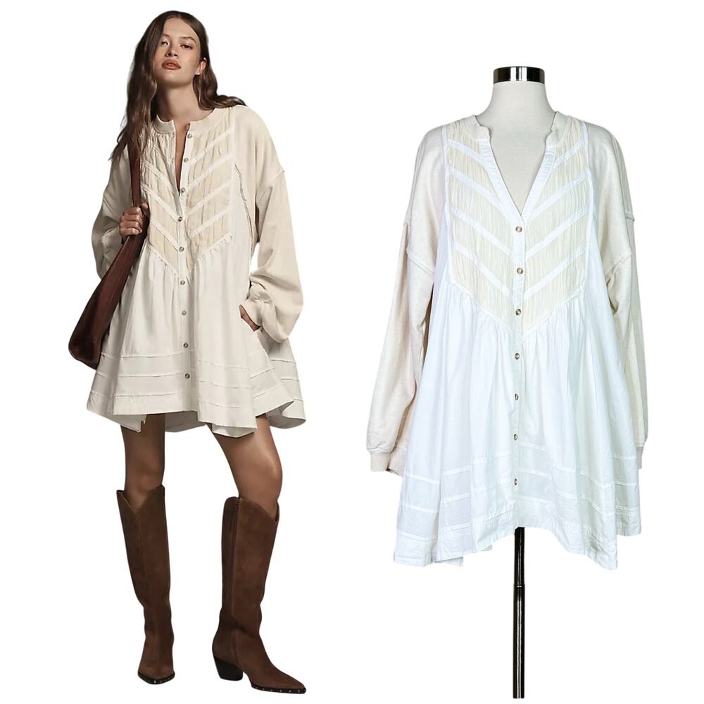 NEW Anthropologie | Pilcro Twofer Shirt Dress Cream White Boho Babydoll Sz S NWT